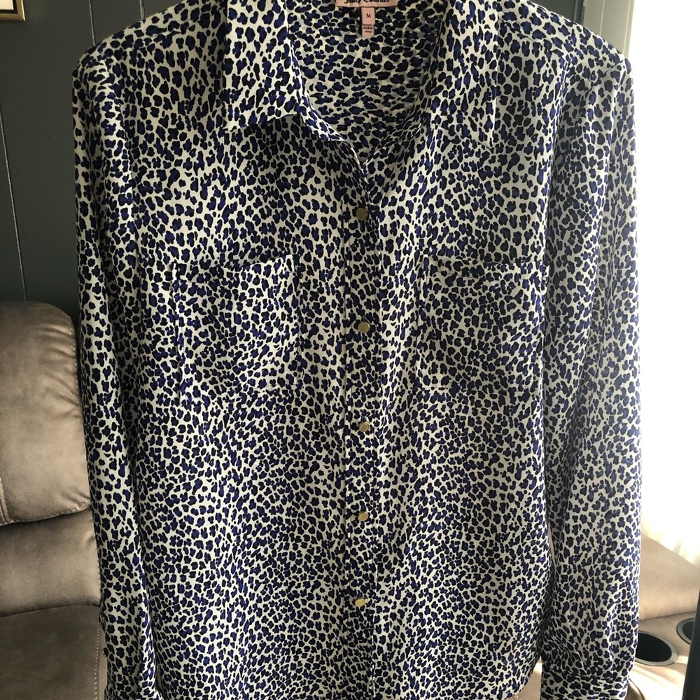 Juicy Couture Womens Blue&Black Leopard Print Long Sleeve Button Up Shirt Size M